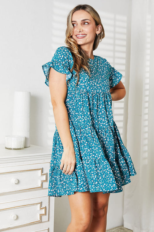 Double Take Short Flounce Sleeve Tiered Dress