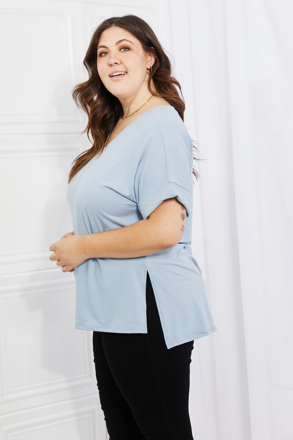 Zenana Simply Comfy Full Size V-Neck Loose Fit Shirt in Blue