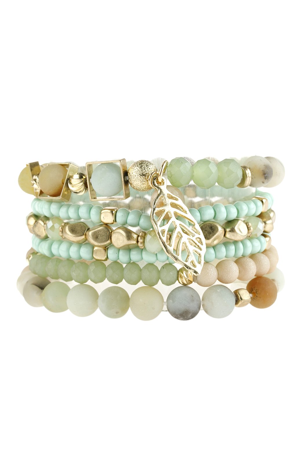 Natural Stone Mixed Beads Leaf Charm Bracelet