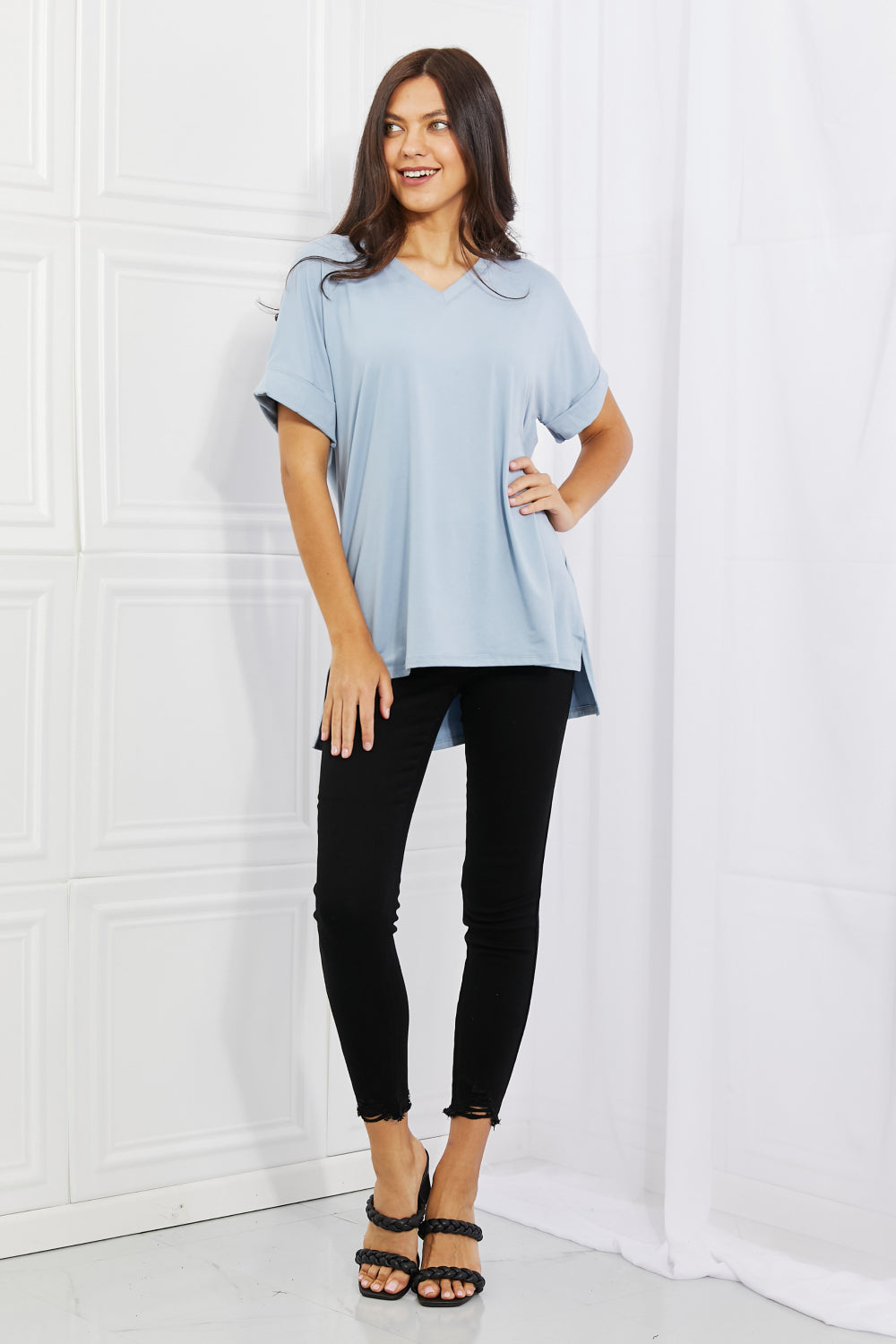 Zenana Simply Comfy Full Size V-Neck Loose Fit Shirt in Blue